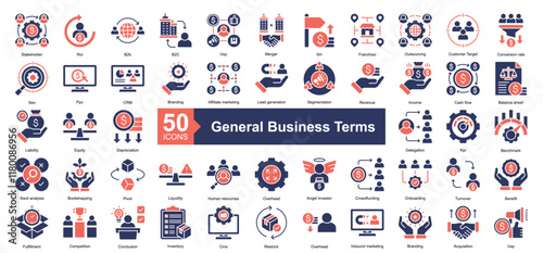 General Business Terms Icon Collection Set.Containing stakeholder, roi, b2b, b2c, usp, merger, ipo, franchise, outsourcing, customer target icon. Simple dual tone style Vector Illustration.	