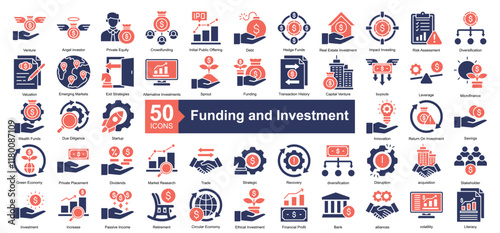 Funding and Investment Icon Collection Set.Containing venture, angel investor, private equity, crowdfunding, debt, hedge funds icon. Simple dual tone style Vector Illustration.	