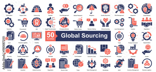Global Sourcing Icon Collection Set.Containing optimization, supply chain, outsourcing, supplier, cost management, market research, mitigation icon. Simple dual tone style Vector Illustration.