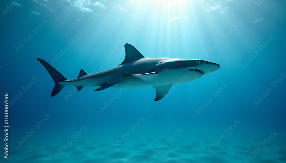 Fototapeta premium Shark swimming gracefully, powerful and serene, in deep blue ocean water, copy space