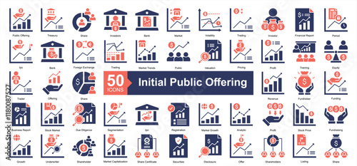 Initial Public Offering Icon Collection Set.Containing public offering, treasury, share, investors, bank, market, volatility icon. Simple dual tone style Vector Illustration.	
