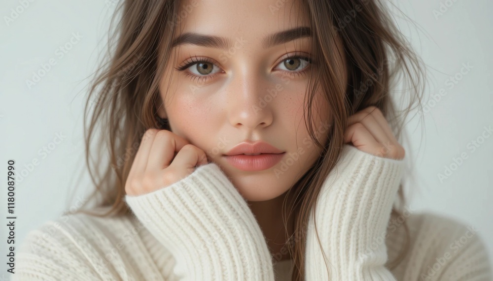 Beautiful woman in a cozy sweater, showcasing natural beauty. Beautiful woman in a cozy sweater, showcasing natural beauty.