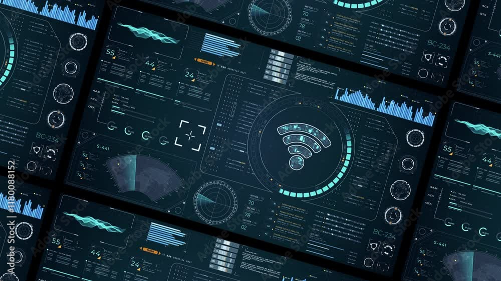Motion graphic of Blue digital WIFI logo with head up display (HUD UI) panel and futuristic technology abstract background data transfer and Wireless Fidelity connection video concepts