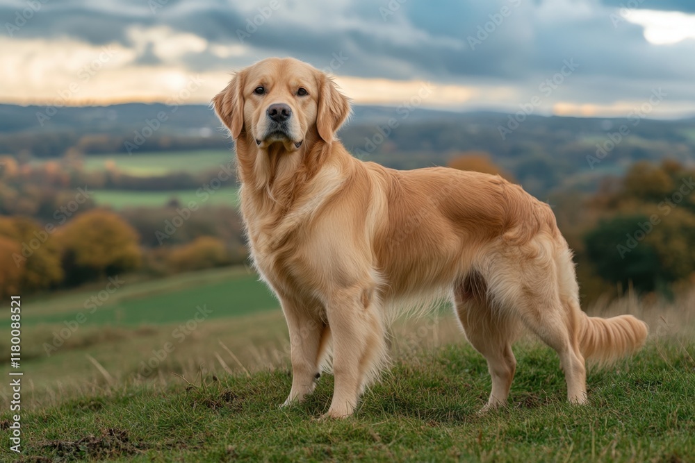 A cream-colored golden retriever standing on the grassy hills of England, looking at the camera, with green rolling hills in the background, a beautiful sky, and golden hour lighting Generative AI A cream-colored golden retriever standing on the grassy hills of England, looking at the camera, with green rolling hills in the background, a beautiful sky, and golden hour lighting Generative AI