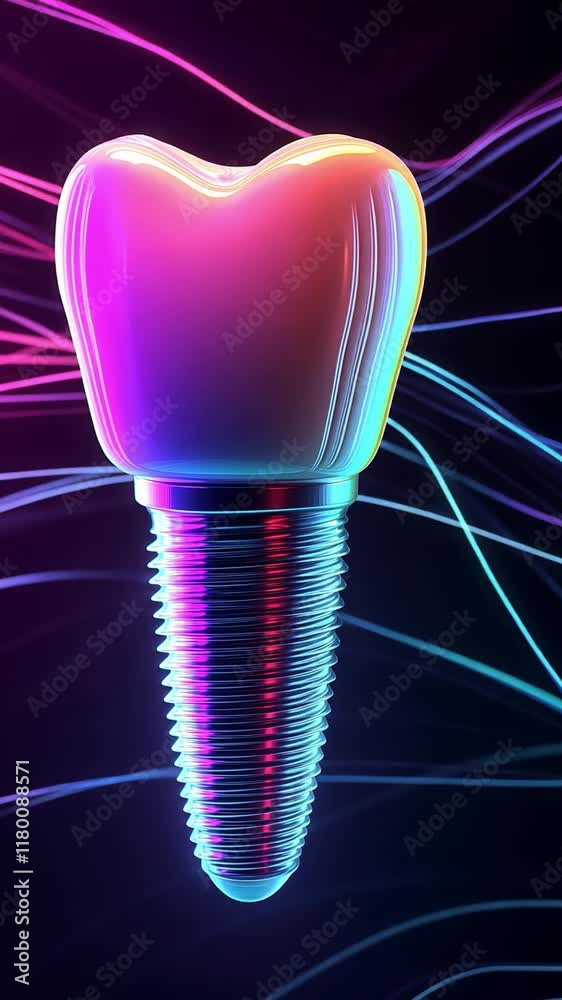 Innovative dental implant design showcased with vibrant colors and dynamic lighting, highlighting sleek features on dark neon background
