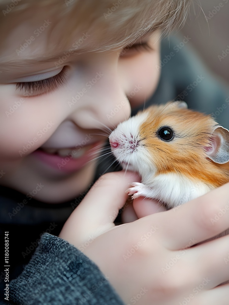 A photo of a child giving their hamster a gentle pet while smiling brightly.