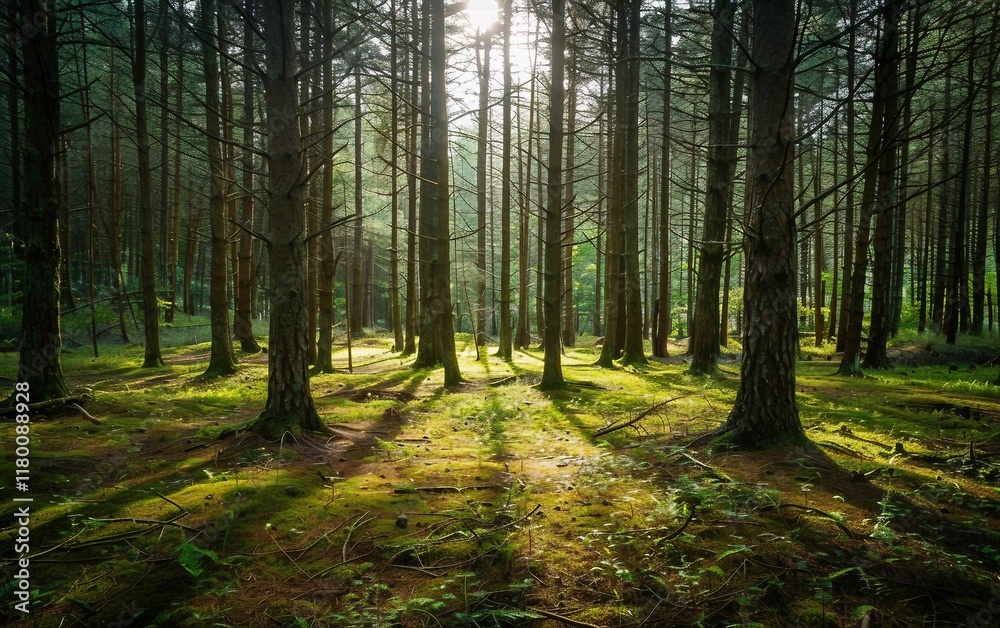 Tall pine trees in a dense forest with sunlight gently filtering through the branches Tall pine trees in a dense forest with sunlight gently filtering through the branches