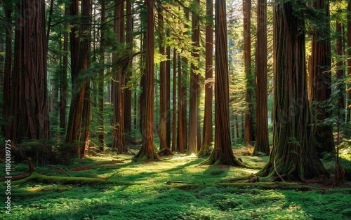 A dense redwood forest with towering trees and a misty atmosphere creating a serene environment photo