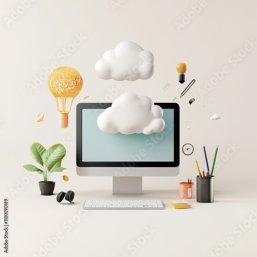 Creative workspace setup with computer, colorful stationery, plants, and abstract floating elements to inspire productivity and innovation in the office environment