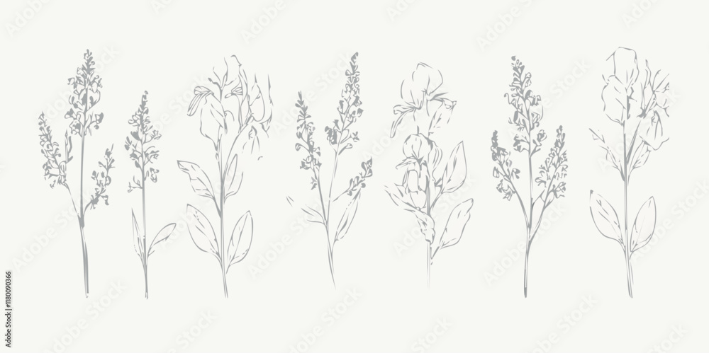 Set of hand drawn flowers, branches and leaves in line art style. Collection of sketches of botanical elements. Vector illustration for tattoo, wedding invitation, wallpaper, save the date card. Set of hand drawn flowers, branches and leaves in line art style. Collection of sketches of botanical elements. Vector illustration for tattoo, wedding invitation, wallpaper, save the date card.