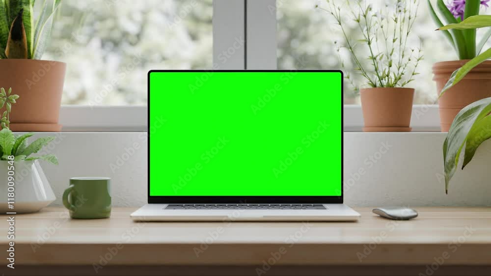 Laptop on a desk in a stylish home office interior. The laptop’s green screen allows for easy content replacement. The background features looped swaying trees Laptop on a desk in a stylish home office interior. The laptop’s green screen allows for easy content replacement. The background features looped swaying trees