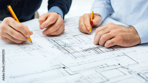 engineer and an architect reviewing blueprints and construction plans together at a bustling construction site