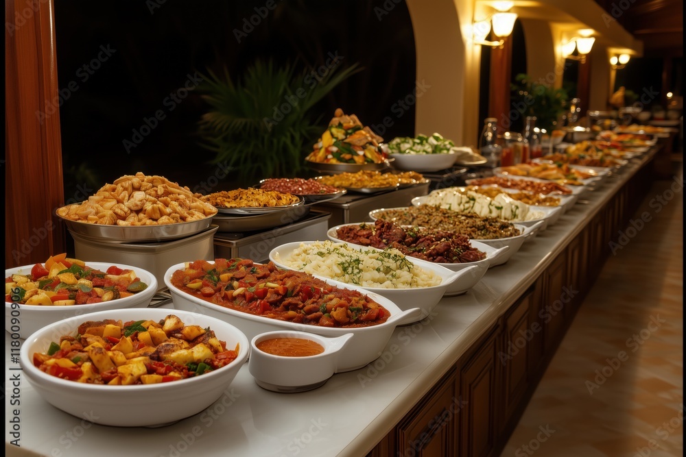 Fototapeta premium Diverse buffet spread with assorted international dishes at elegant dining setup