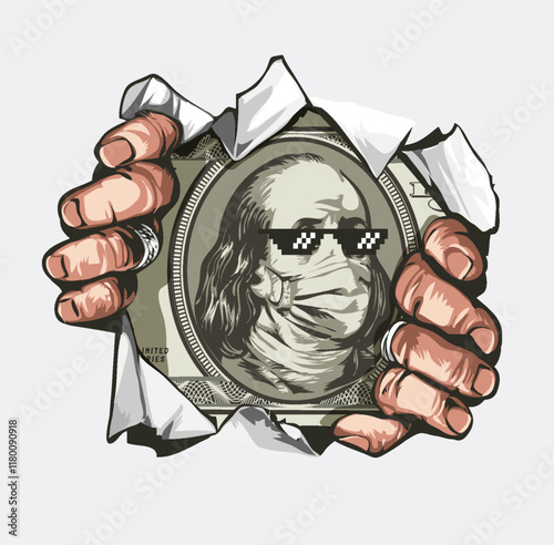 hand ripping through paper with cash vector illustration