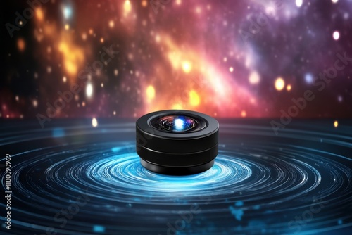 Lens surrounded by swirling cosmic patterns in a vibrant galaxy setting photo