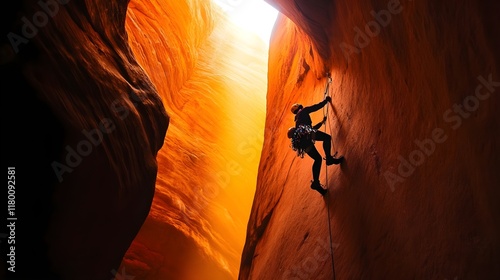 A photo of a climber rappelling down a canyon wall with dramatic lighting.