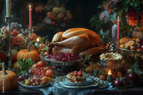 Thanksgiving dinner. Roasted turkey garnished with cranberries on a rustic style table decoraded with pumpkins, vegetables, pie, flowers and candles photo