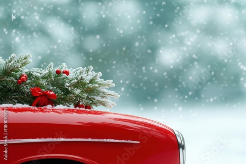 Red classic car with christmas tree and snowy background holiday scene
