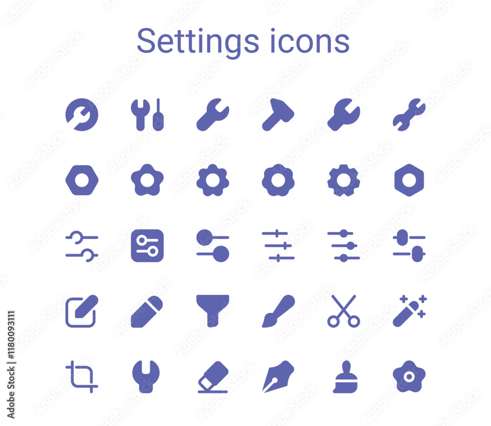 Fototapeta premium Tools mini solid icons set. Settings glyph simple icons.