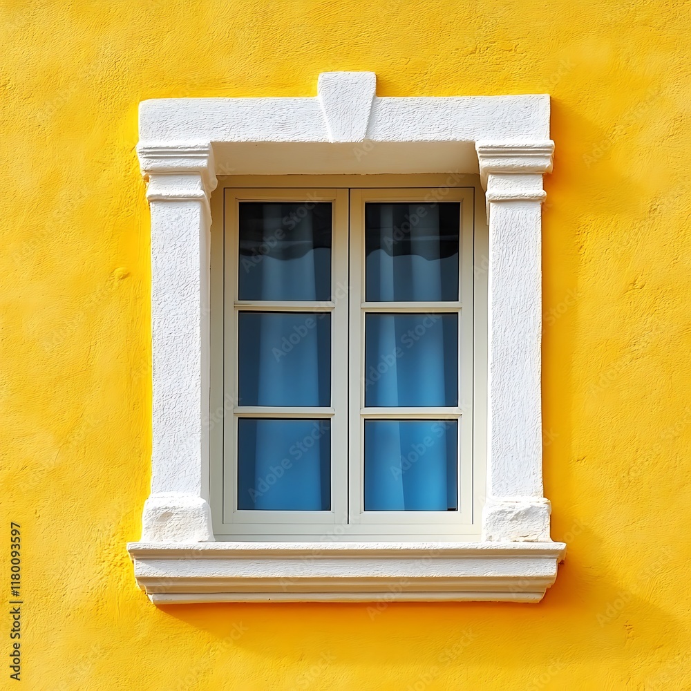 Fototapeta premium Colorful window on yellow wall with blue wooden shutters. Abstract background