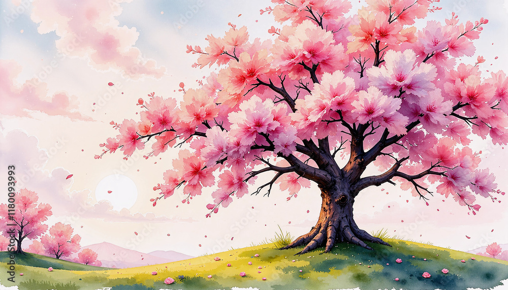 Obraz premium Blooming cherry blossom tree on a hill at sunset 