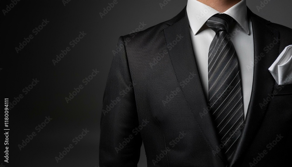 A black business suit made from premium wool, complete with tie, pocket square and classic dress shoes A black business suit made from premium wool, complete with tie, pocket square and classic dress shoes