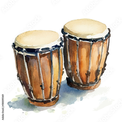 A watercolor clipart of bongos, isolated on a white background. Bongos vector.
