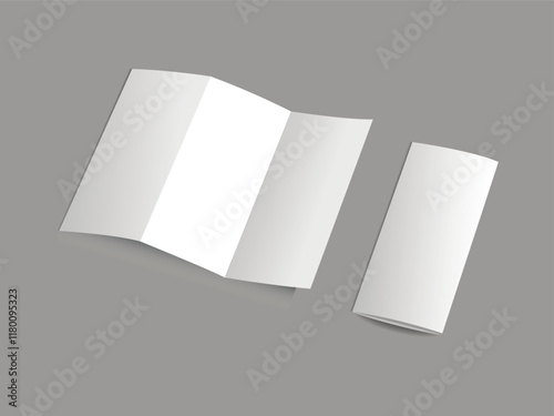 White brochure mockup. Vector white blank vertical four panel accordion fold opened on white background. Concertina fold, leaflet, brochure, booklet, flyer or invitation card mockup.