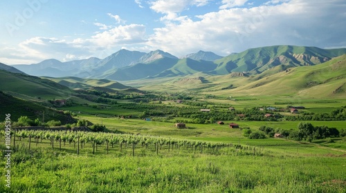 Serene Mountain Valley Landscape with Vineyards