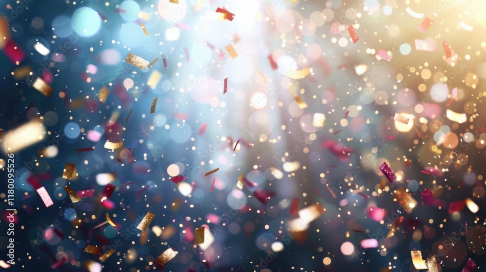 Naklejka premium Confetti Sparkles with Golden Flare Lights and Bokeh Magic, Generative AI