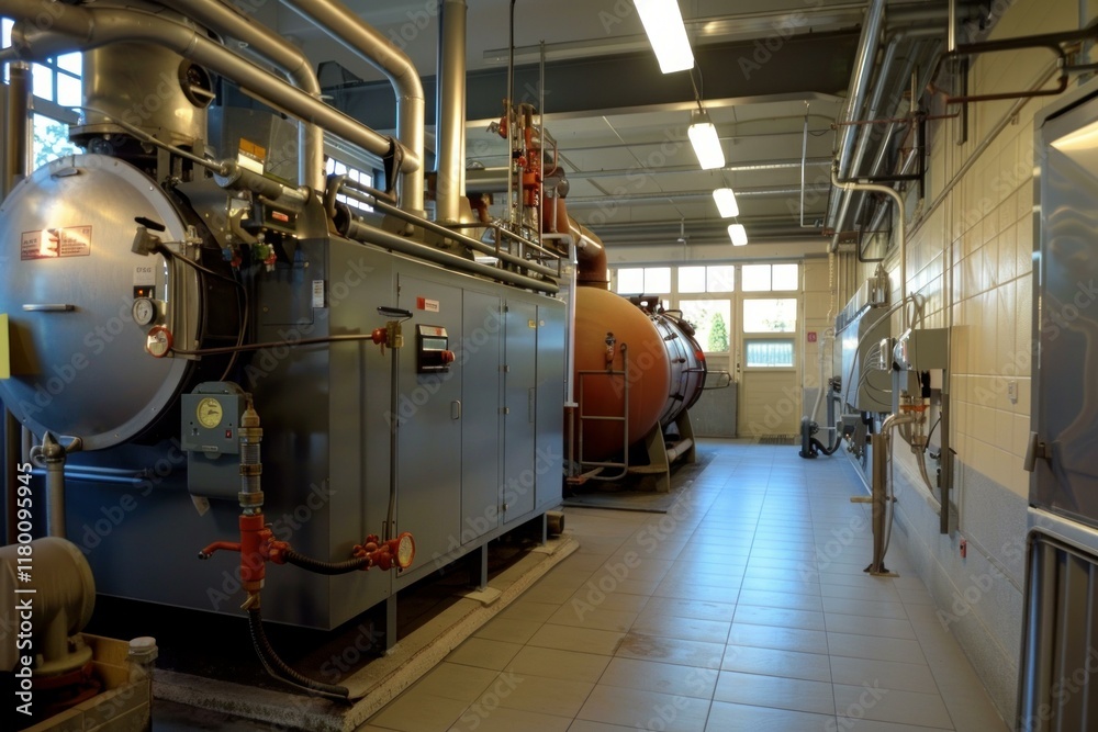 Large industrial boiler room is shown with a water heater and many pipes Large industrial boiler room is shown with a water heater and many pipes