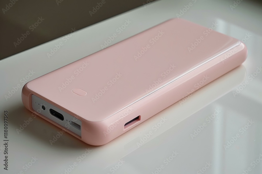 Fototapeta premium Pink power bank is laying on a white table, reflecting in the glossy finish