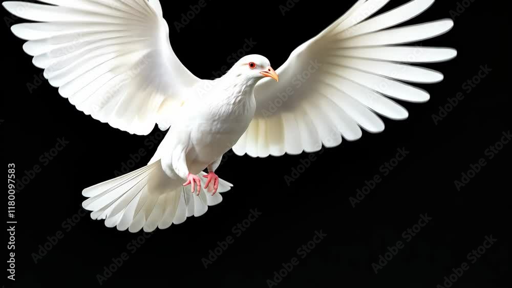 A white dove soaring with wings fully outspread, against a black background