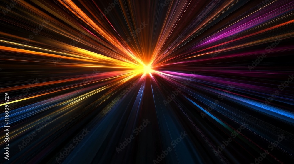 Abstract dark background with vibrant light rays in colorful stripes emanating from the center, creating a dynamic and energetic composition. Abstract dark background with vibrant light rays in colorful stripes emanating from the center, creating a dynamic and energetic composition.