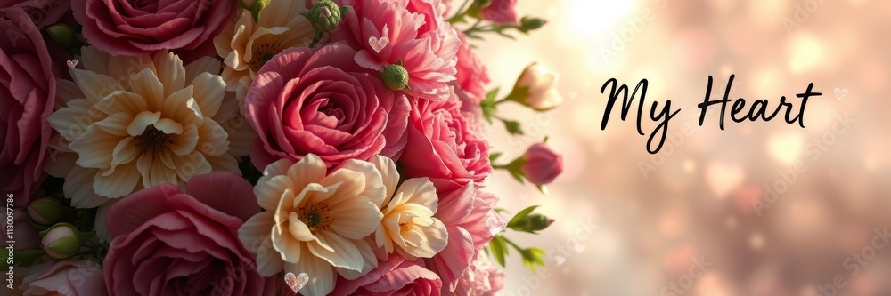 Bouquet of vibrant pink and cream roses with soft petals and delicate greenery conveying love and romance, set against a warm bokeh background Bouquet of vibrant pink and cream roses with soft petals and delicate greenery conveying love and romance, set against a warm bokeh background
