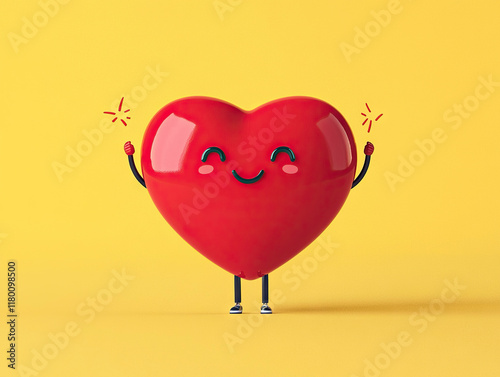 Happy cartoon heart character celebrating with joyful expression and cheerful pose on bright yellow background photo