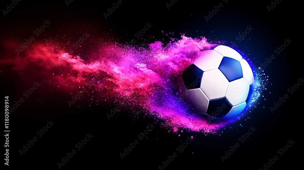 Naklejka premium Soccer ball in vibrant pink and blue powder explosion. Dynamic sports action shot.