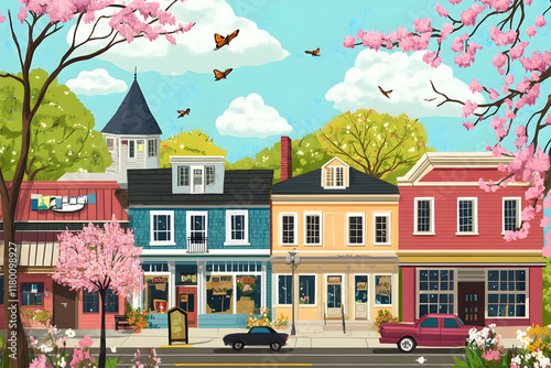 Whimsical small town illustration in springtime, full of life and color