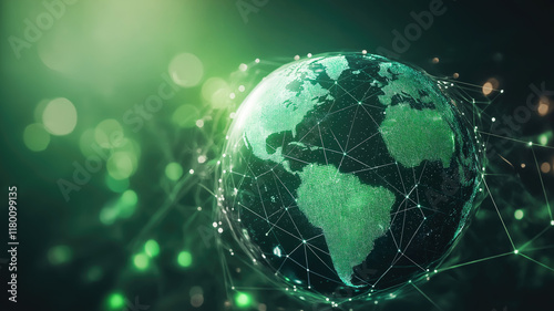 Green sustainable earth globe. Renewable energy transition concept. Generative AI