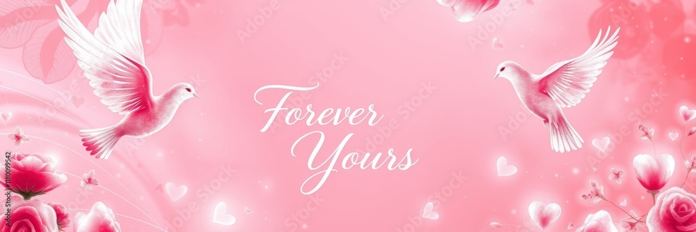 Obraz premium Forever Yours: Two elegant doves soaring amidst pastel pink roses and soft hearts, evoking love and romance in a dreamy background