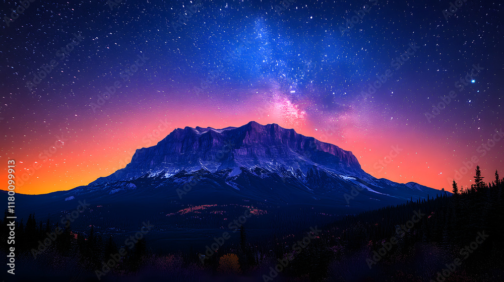 An atmospheric photography of Mount Yamnuska during twilight, with its silhouette outlined against the vibrant colors of the setting sun and stars beginning to appear in the sky. An atmospheric photography of Mount Yamnuska during twilight, with its silhouette outlined against the vibrant colors of the setting sun and stars beginning to appear in the sky.