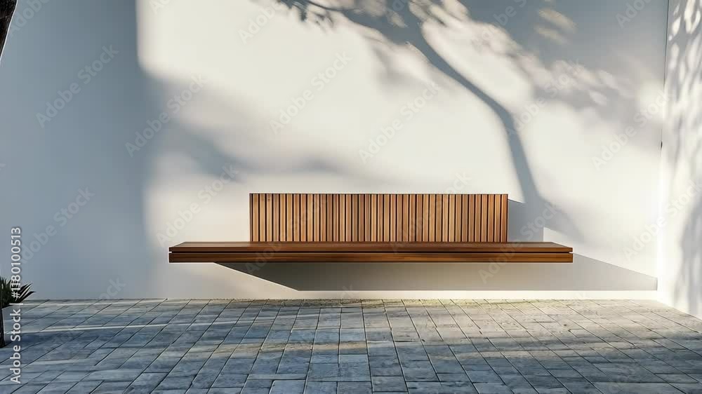 Modern wooden bench mounted on a white wall with shadows from surrounding trees in a tranquil outdoor space