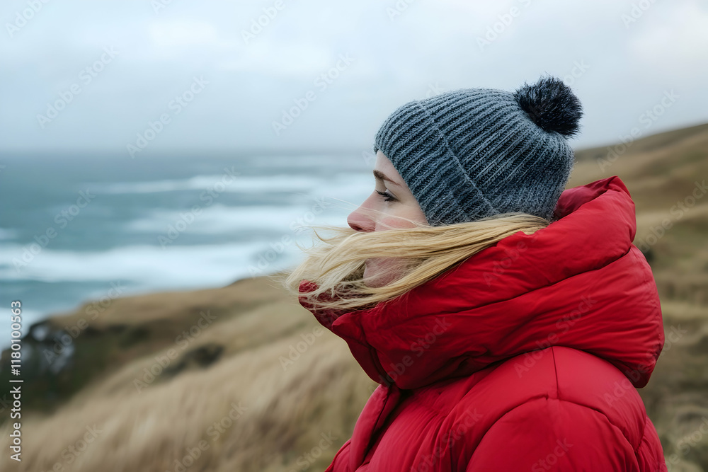 Woman embracing coastal winds in a warm puffer jacket and knit cap
