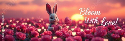 Blooming rabbit holding a heart in a vibrant rose field during sunset conveys love and joy photo