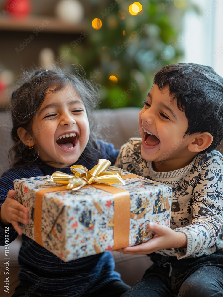 Sibling joy that brightens the day as one child gifts beautifully wrapped present to another during a cozy indoor gathering in winter Sibling joy that brightens the day as one child gifts beautifully wrapped present to another during a cozy indoor gathering in winter