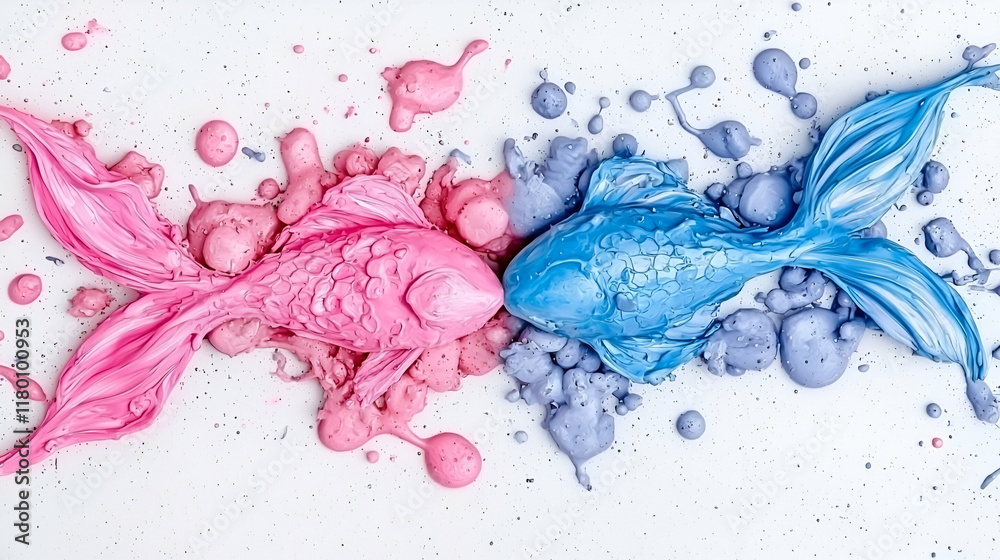 Fototapeta premium Two vibrant fish made of pink and blue paint swim through colorful splashes, creating an artistic and playful scene.