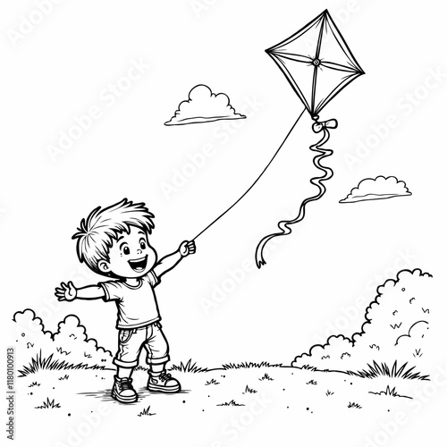 Happy boy flying a kite in a grassy field