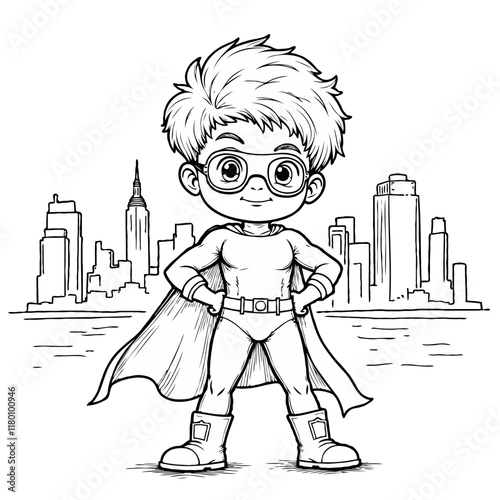 Superhero child standing confidently in city skyline