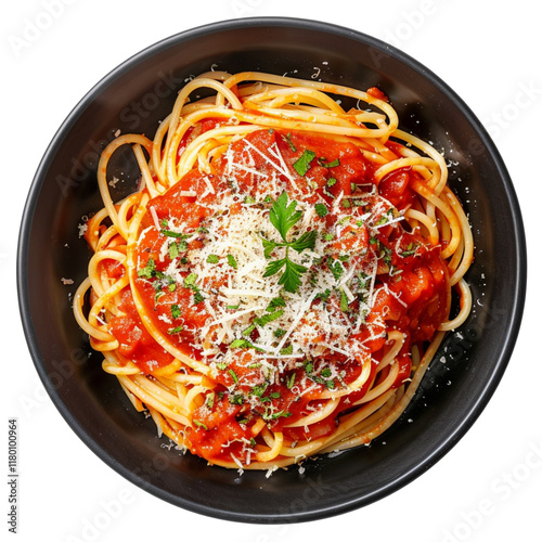 Isolated on white background, a black bowl filled with spaghetti topped with tomato sauce and grated parmesan cheese, viewed from above