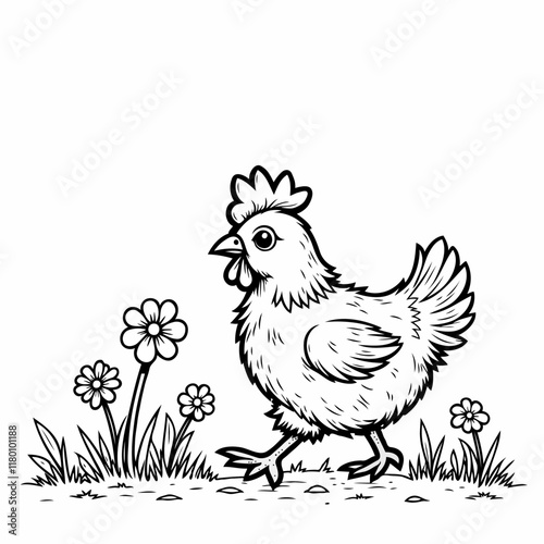 Chicken walking in a field with flowers